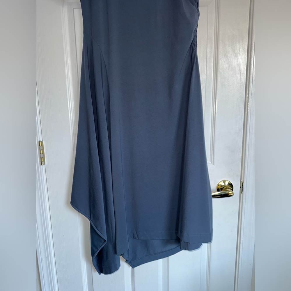 COS Steel Blue Asymmetric Flow Ruched Stretch Cotton Jersey T-Shirt Midi Dress L - Picture 7 of 13
